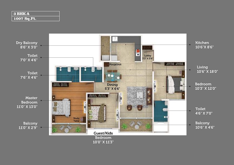3 BHK + Study